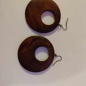 Large wood look hanging circle earrings